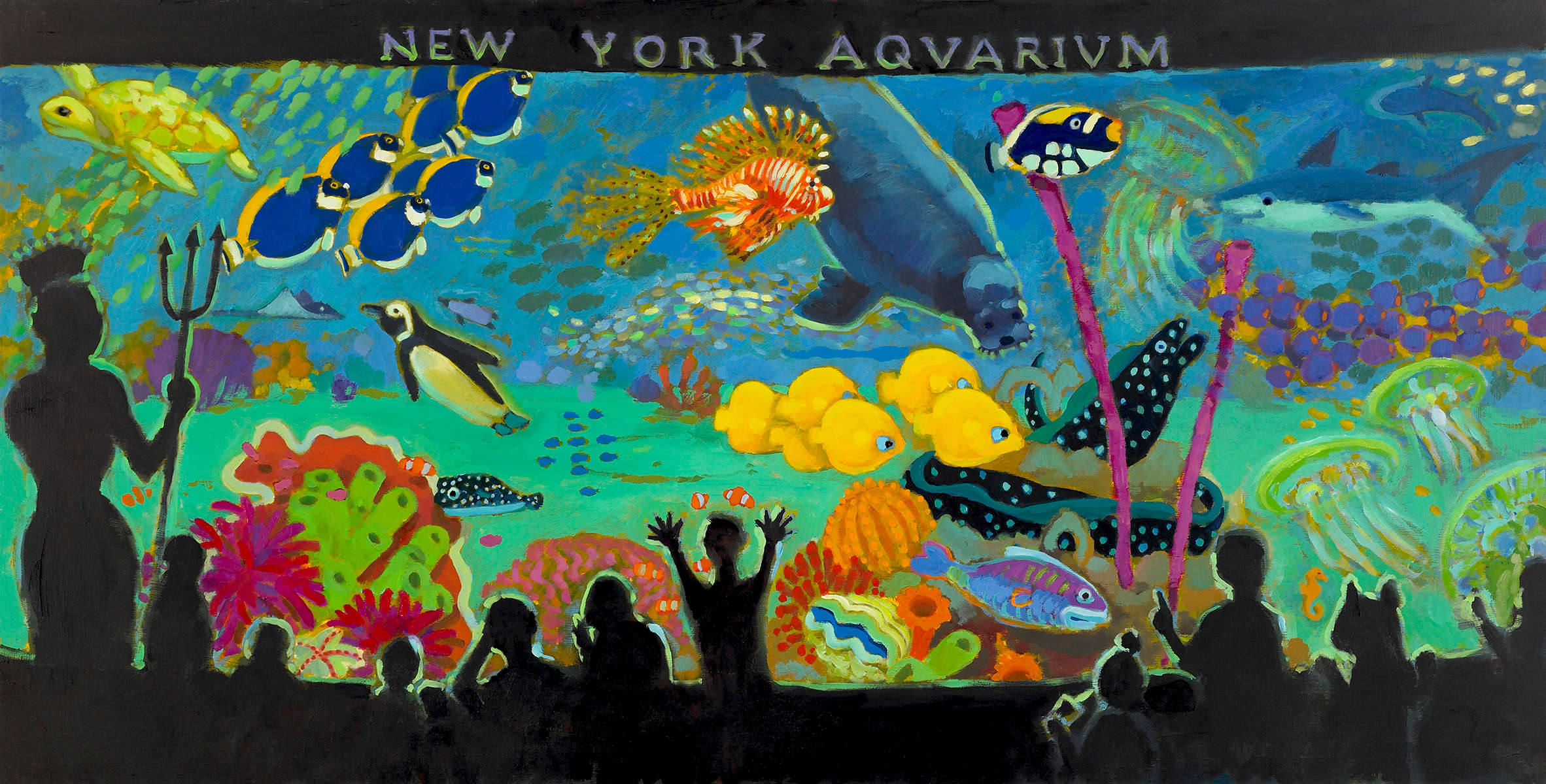 From Custard and Mustard, Carlos in Coney Island, Illustrated by Alison Josephs, written by Maureen Sullivan. ©2009A walrus in free fall, coral in bloom,morays aflutter, penguin…or groom?Stingrays and starfish steer clear of the shark.Oysters clam up when electric eels spark.