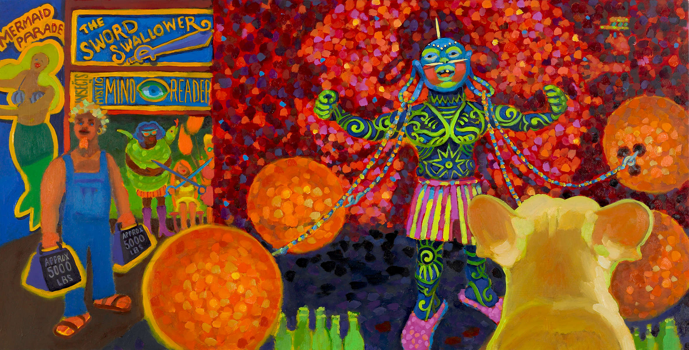 From Custard and Mustard, Carlos in Coney Island, Illustrated by Alison Josephs, written by Maureen Sullivan. ©2009My friends at the dog run would plotz if they knew,I was standing in front of a human tattoo.Are those piercings or craters, those holes in his lobes?From two bands of rubber swung four mighty globes.