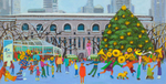 From Christmas Feet, Illustrated by Alison Josephs, written by Maureen Sullivan. ©2010Behind the Library, the treasured landmark,stands a park in the city, a city in the park!Where pros perform lutzes and children carve eights,while dodging the klutzes and chaps on first dates.