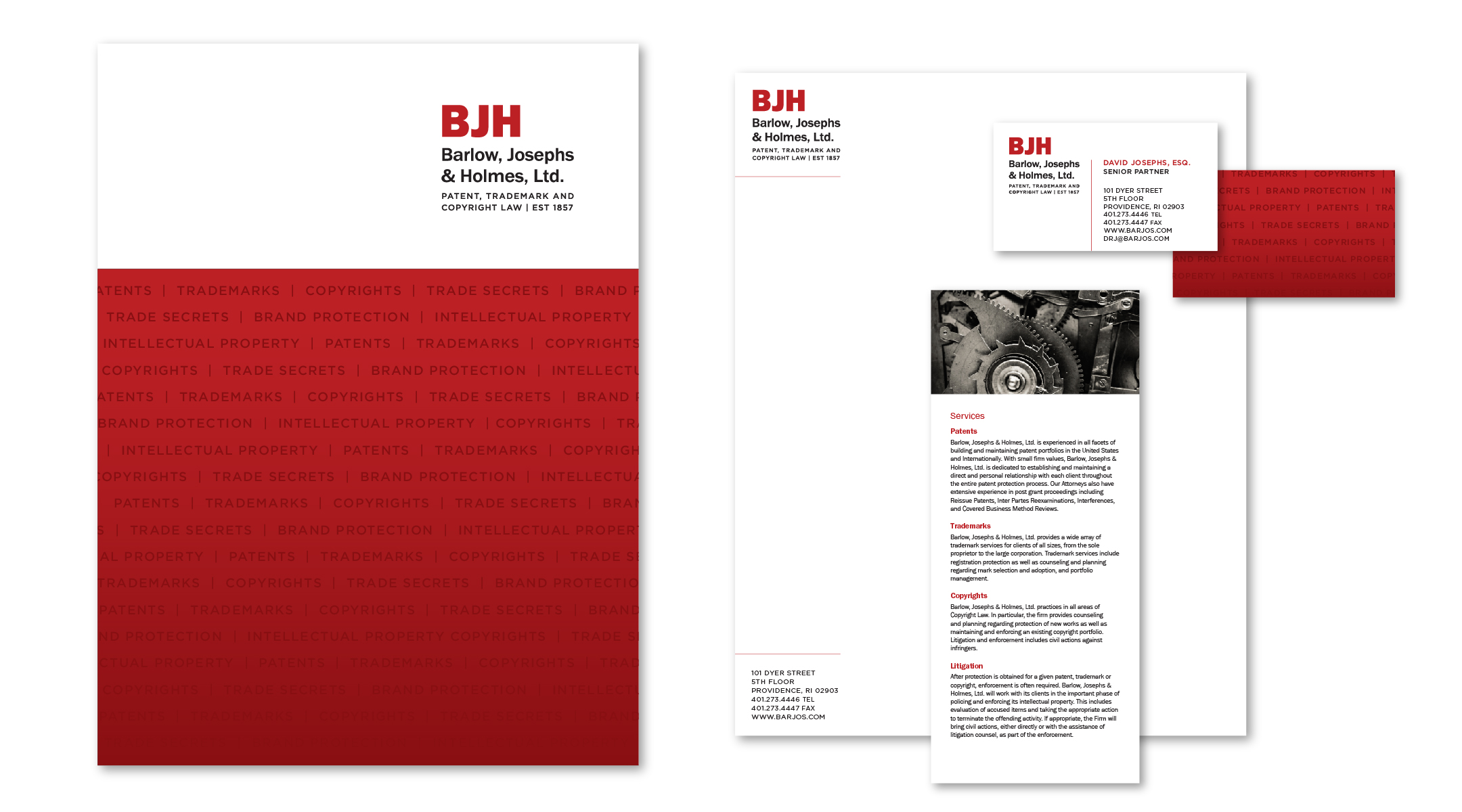 Branding and collateral materials for Barlow, Josephs & Holmes, a patent and intellectual property law firm.