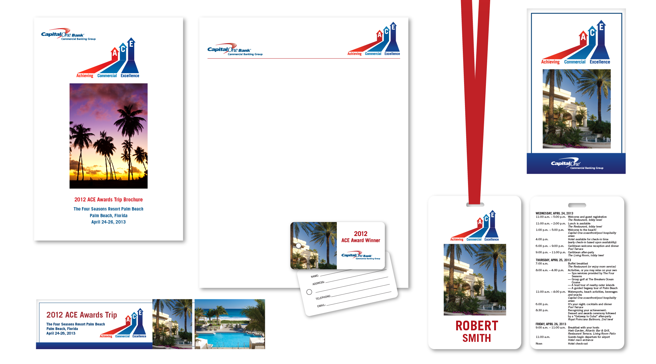 Corporate Incentive Award trip to Palm Beach, created for Capital One. Includes program of events, letterhead, luggage tags, agenda name badges, and banner ads.