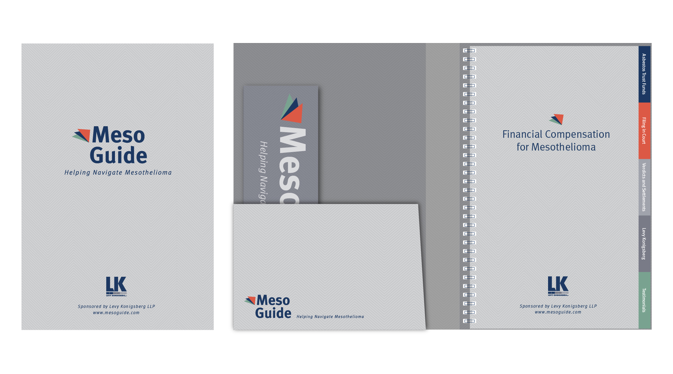 MesoGuide print piece for Levy Konigsberg LLP, a law firm representing mesothelioma cases. The MesoGuide is a suite of collateral materials designed to inform those affected by mesothelioma.