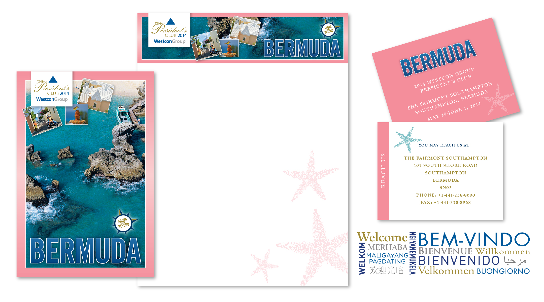 Corporate Incentive Award trip to Bermuda, created for MADISON. Includes overarching theme logo design, poster, letterhead, leave behind cards, and international agenda graphics.