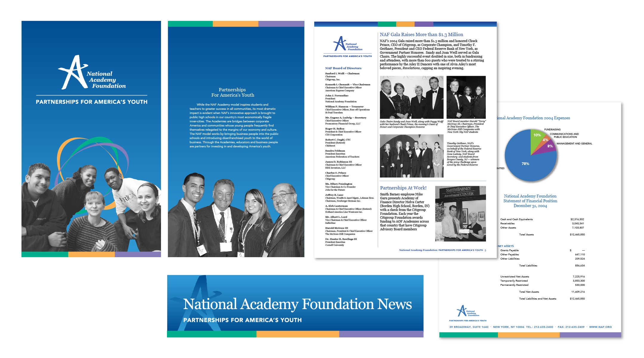 Brochure, newsletter and financial pages for NAF (National Academy Foundation), a non-profit bringing education, business, and community leaders together to transform the high school experience.