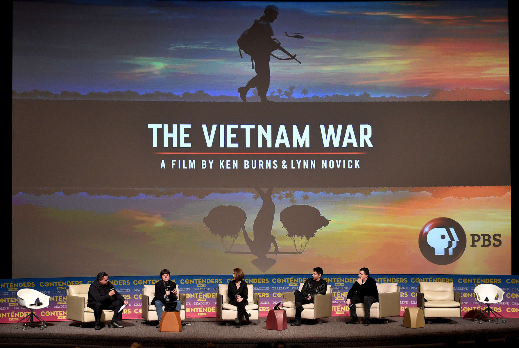 Mandatory Credit: Photo by Stewart Cook/Deadline/REX/Shutterstock (9629827n)Mike Fleming, Ken Burns, Lynn Novick, Trent Reznor and Atticus RossPBS 'The Vietnam War' presentation, The Contenders Emmys presented by Deadline Hollywood, Los Angeles, USA - 15 Apr 2018