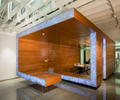 View of office conference room made of warm wood and glass with LED lights.