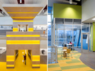 Views of students in motion and studying in colorful common spaces at Mt. Jordan Middle School in Sandy Utah for MHTN Architects / Hogan & AssociatesArchitectural Photography by Paul Richer / RICHER IMAGES