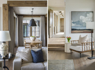 Two interior photographs showing design elements from the dining area and master bedrooms of a contemporary, mountain rustic residence in Park City, UT.