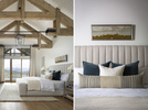 Two interior photographs showing design elements from the  master bedroom of a contemporary, mountain rustic residence in Park City, UT. The photograph on the left is an overall shot of the bedroom that shows exposed wood, beams, with vaulted ceilings and mountain views and the other photograph is a vignette of the bedding and pillows.