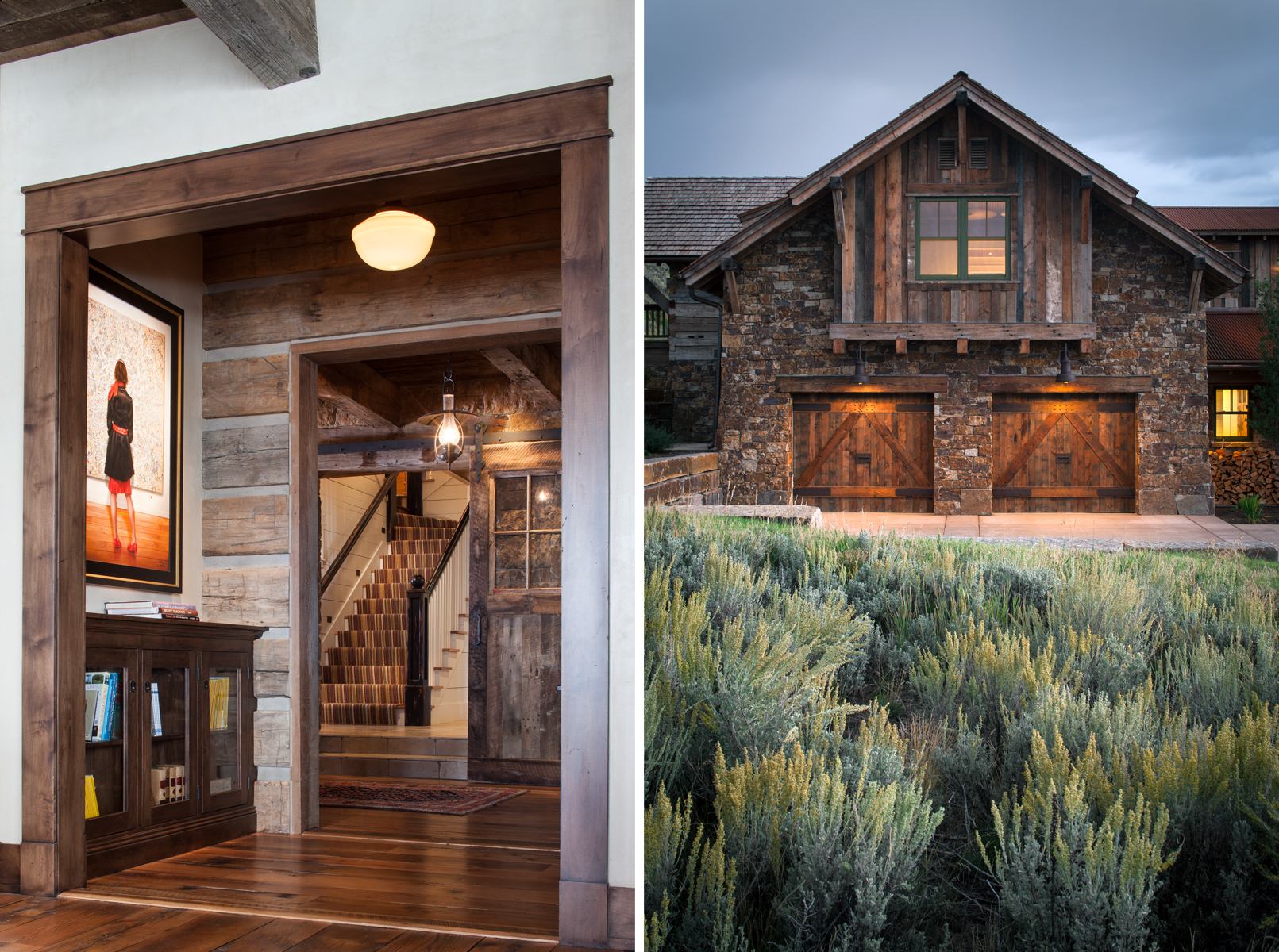 Two views of a Private Residence near Park City, UT. for Line 8 Design. One view is of the interior foyer looking up the stairs through the sliding barn wood door and the other is a sectional of the exterior at twilight with sage brush in the foreground and a warm glow of light being cast on the garage doors and illuminating from the upstairs windows.