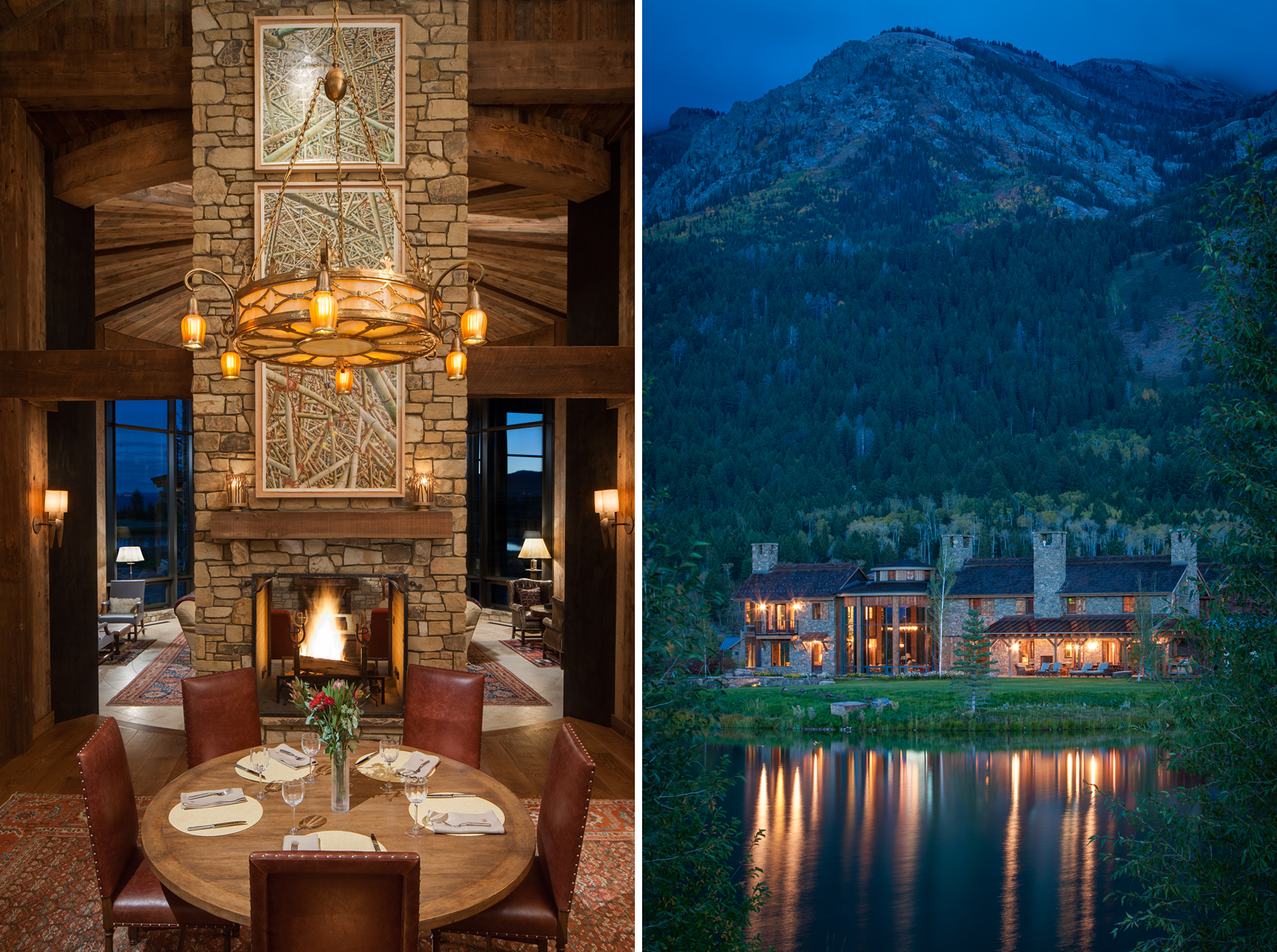 Two views of a  private residence in the Shoting Star Development in Jackson, Wyoming. One view is an interior showing the main dining room table at dusk with warm wood tones and a roaring fire in the fire place and the other is an exterior of the home at dawn taken from across the lake with reflections on the water.