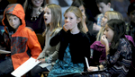 11/30/17--  ARLINGTON--   Stratton School third graders react to a tie vote on Article 1 - Public Water Fountains, at the Town of Stratton Annual Town Meeting in Arlington Town Hall Thursday morning. From left: Charles Dobbs, Lydia Rauh, Anna Vakoc, and Bridget Precourt. [Wicked Local Staff Photo/Art Illman]