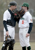 4/12/19-- ASHLAND---   Conference on the mound. Hopkinton starting pitcher Josh Fischer  and catcher Ronnie Shamus against Ashland Friday afternoon. [Daily News and Wicked Local Staff Photo/Art Illman]