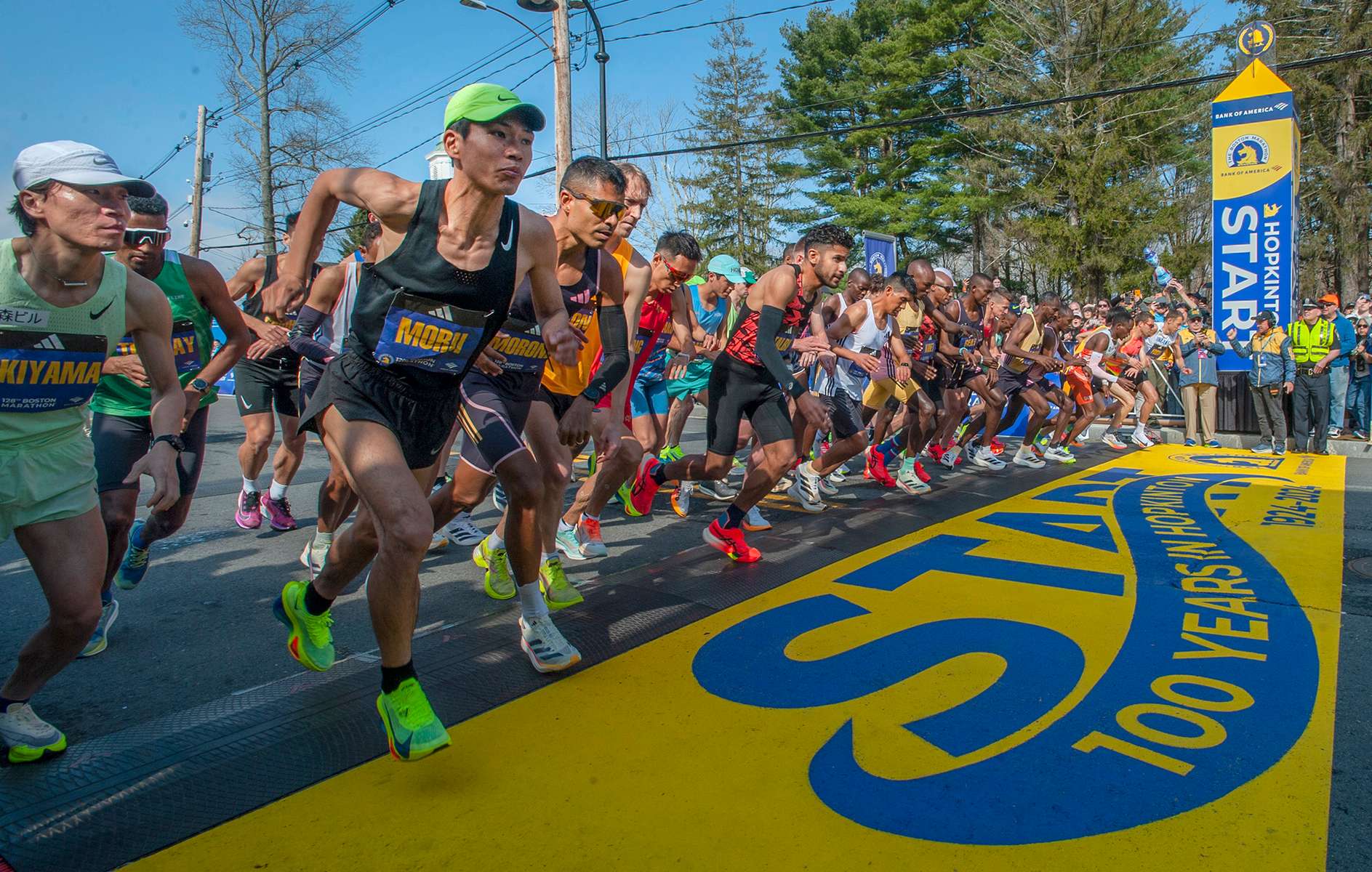 The professional men's start at the 128th running of the Boston Marathon in Hopkinton, April 15, 2024.