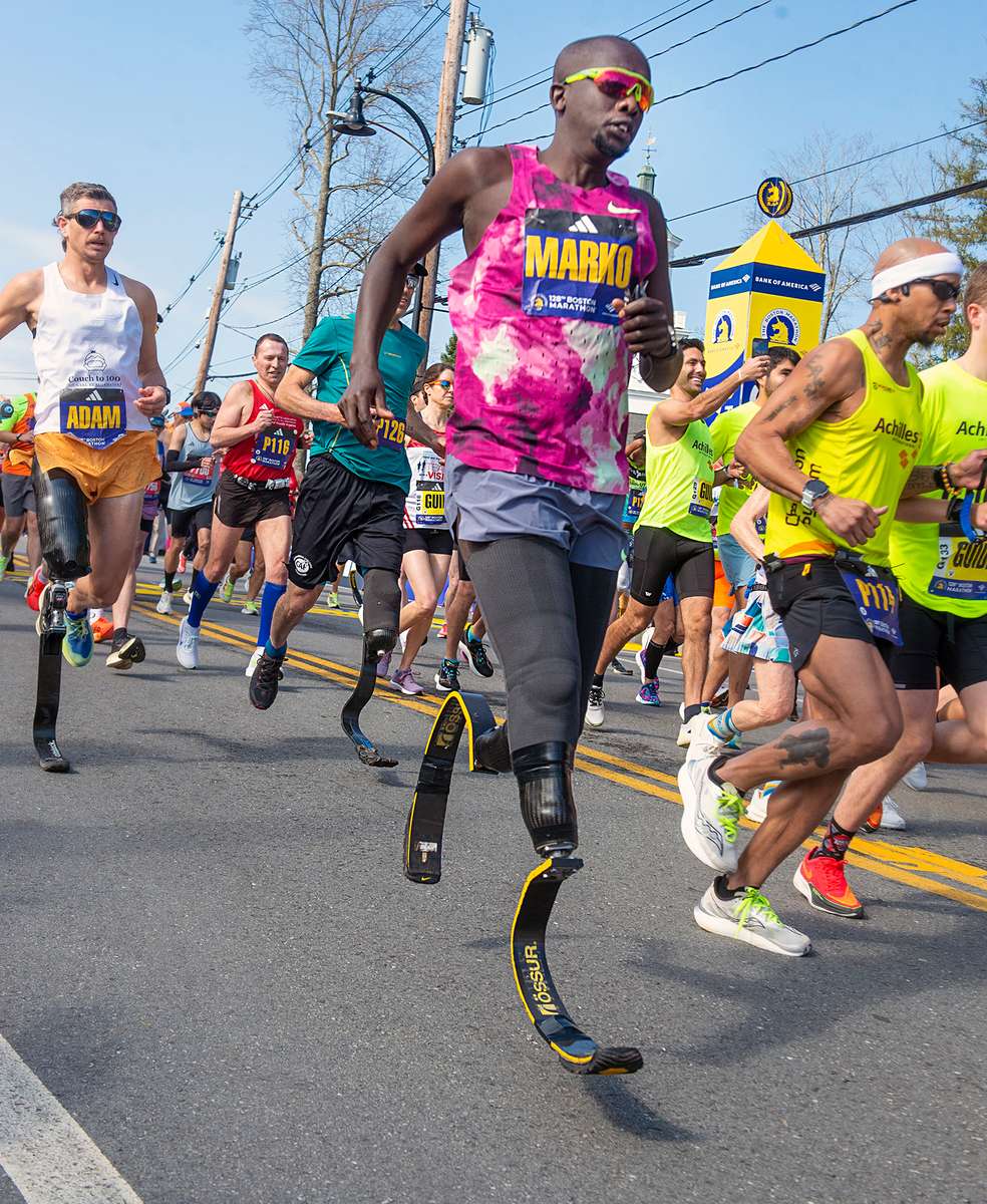 Para racer Marko Cheseto Lemtukei at the start of the 128th running of the Boston Marathon in Hopkinton, April 15, 2024.