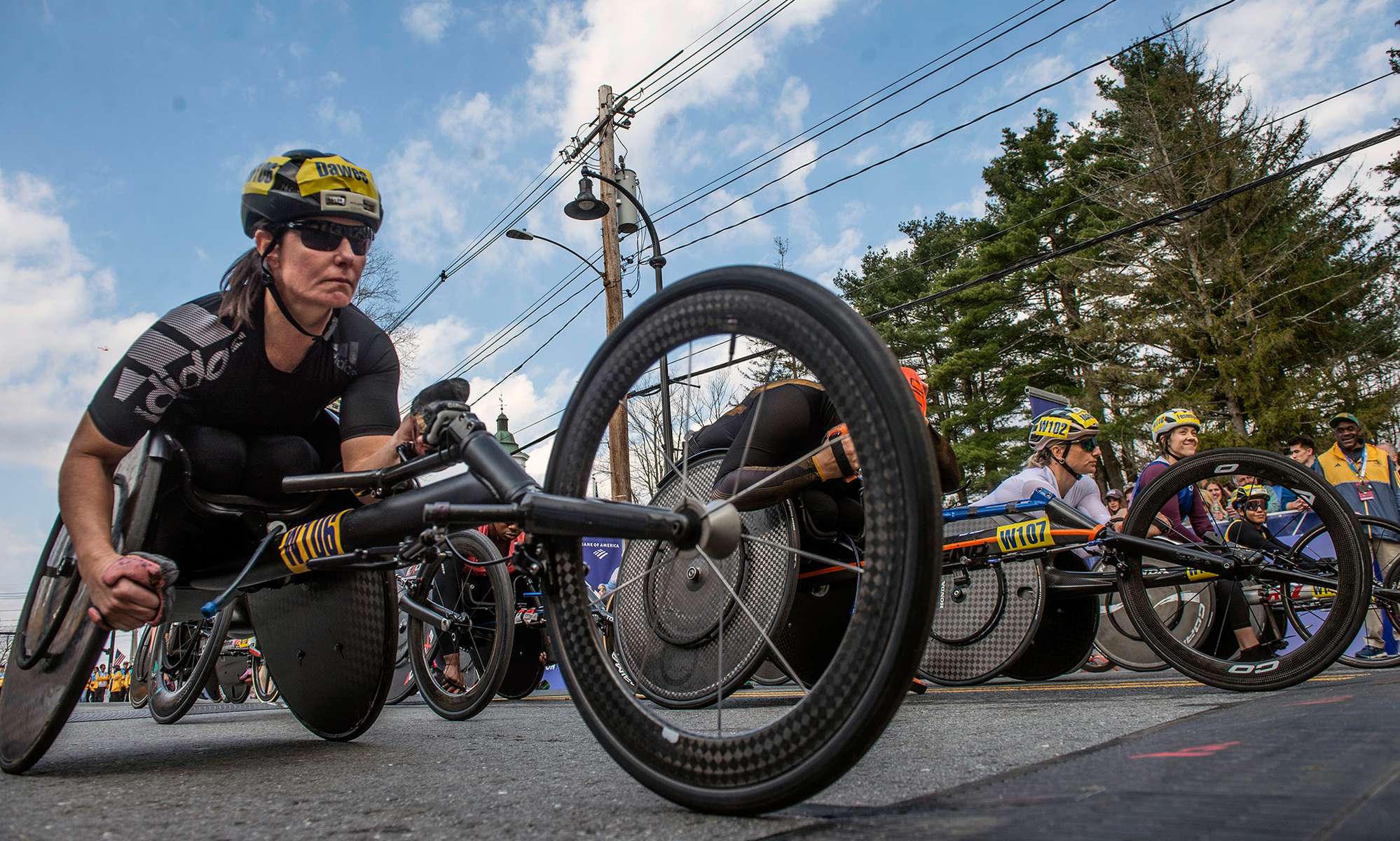 Women wheelchair racer Christie Dawes  at the start line of the 128th running of the Boston Marathon in Hopkinton, April 15, 2024.