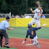 Hopkinton High School senior shortstop Cameron Jerrett leaps before tagging out  St. Mary’s High School senior Dante D’Ambrosio in the 2021 MIAA Baseball Eastern Mass. Division 2 championship, July 1, 2021.