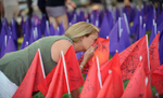 8/21/20-- On the lawn of the First Congregational Church in Natick Friday evening, Theresa Reddish, of Natick, kisses a flag in memory of her son, Michael Reddish, who died in 2017 of a fentanyl overdose. Purple flags were placed on the church lawn in advance of Opioid Awareness Day August 31. There were 2, 015 opioid overdose deaths in Massachusetts in 2019.  [Daily News and Wicked Local Staff Photo/Art Illman]