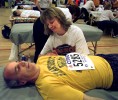 In 1997, Joe Fritsch of New York City gets a massage from certified massage therapist Nancy Bissonnette of Hudson in the Runner's Village at Hopkinton High School.