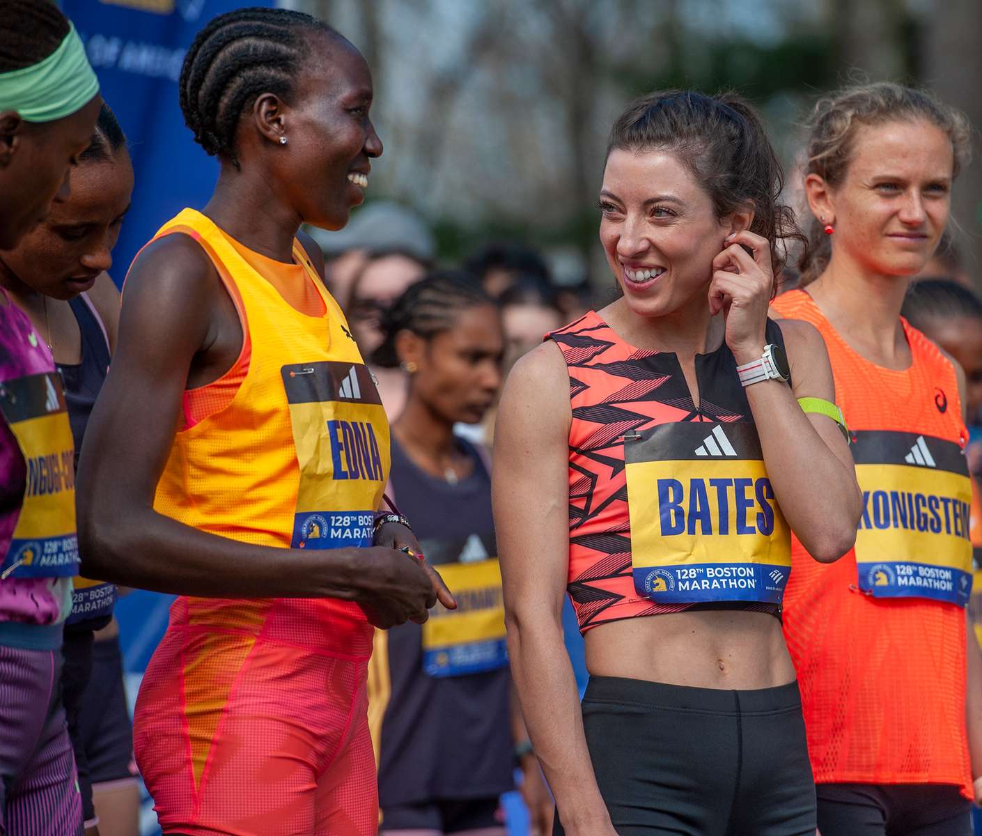 Elite women Boston Marathon 2017 winner Edna Kiplagat of Kenya and American Emma Bates at the start line of the 128th running of the Boston Marathon in Hopkinton, April 15, 2024.