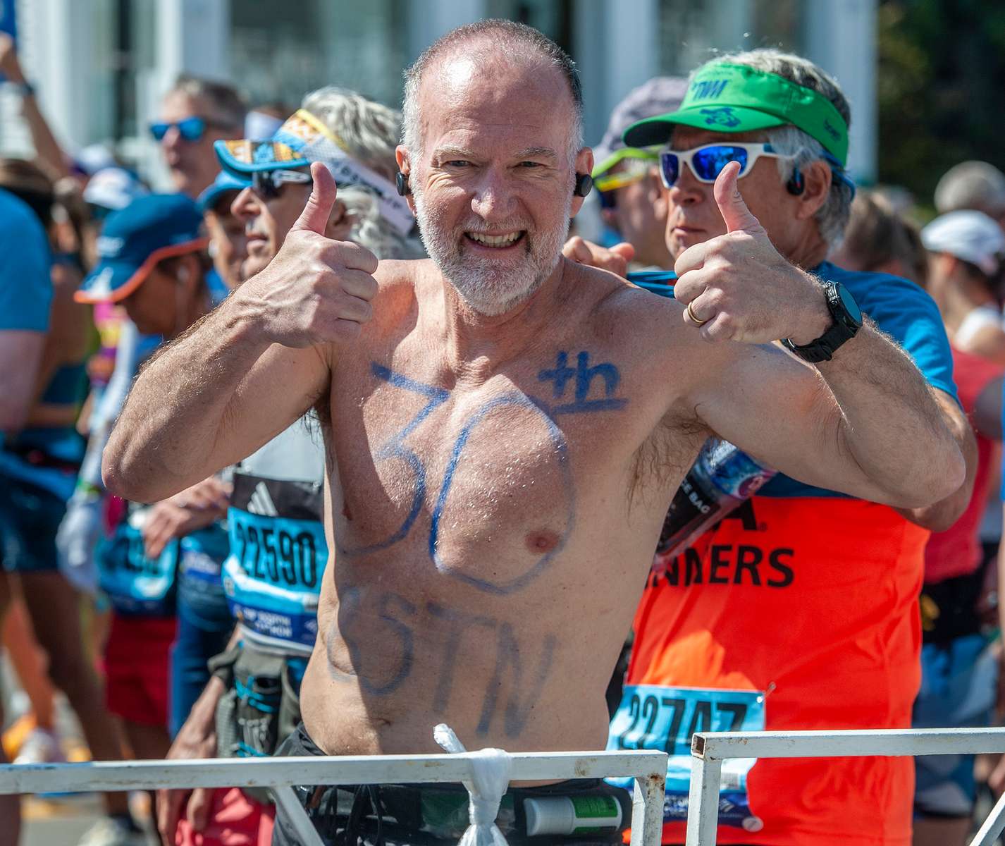 30-year Boston Marathoner Robert Wilson of San Antonio, TX dressed for the warm temperatures at the 128th running of the Boston Marathon in Hopkinton, April 15, 2024.