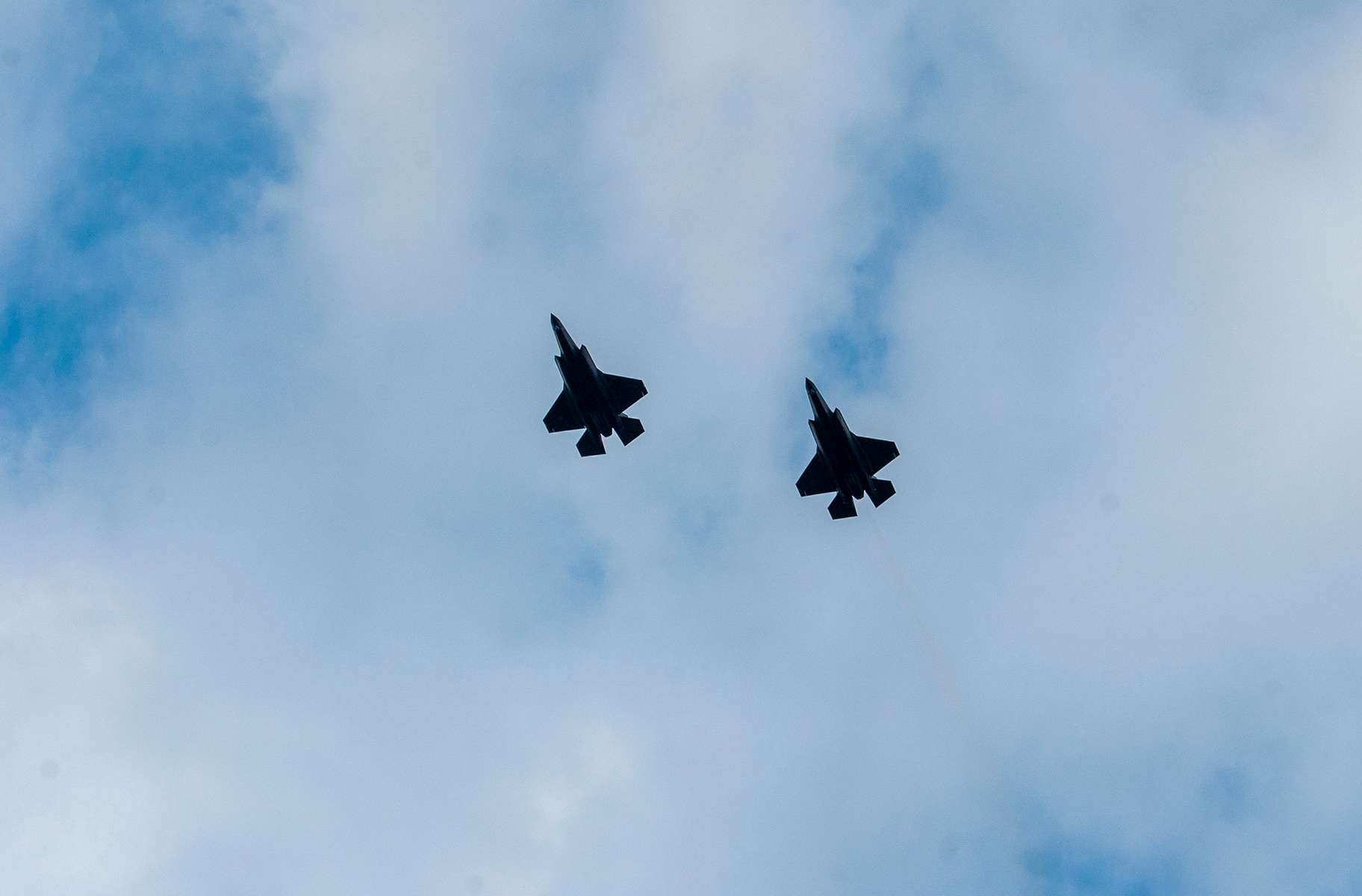 Two F-35’s from the 158th Fighter Wing out of the Vermont Air National Guard fly over Hopkinton (to Boston in approximately 4 minutes) at the 128th running of the Boston Marathon in Hopkinton, April 15, 2024.