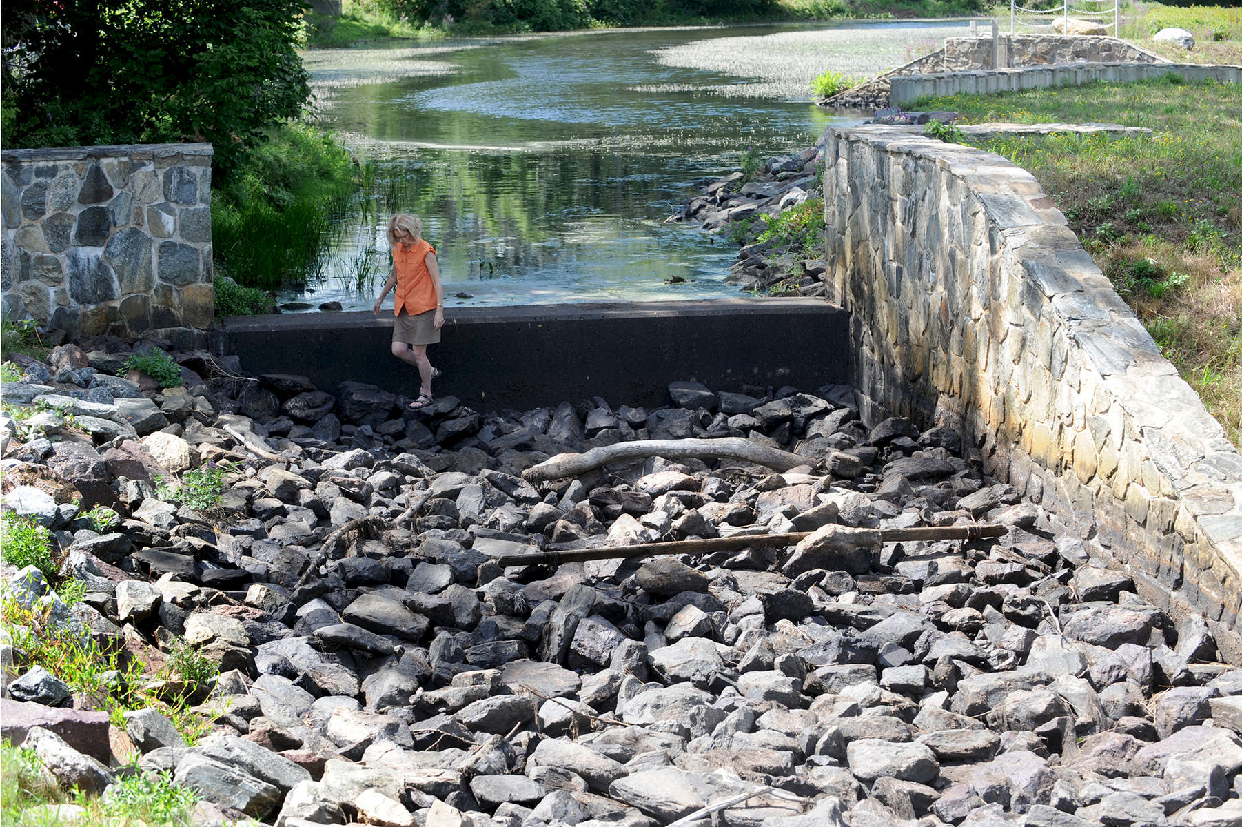 8/17/16 CONCORD-- Alison Field-Juma, executive director of OARS, at Warner's Pond in West Concord Wednesday, at a dry spillway.Daily News and Wicked Local Staff Photo/Art Illman
