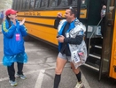 Salvador Nunez Guzman, of Mexico, is welcomed at  the Athlete's Village the morning of the 127th running of the Boston Marathon in Hopkinton, April 17, 2023.