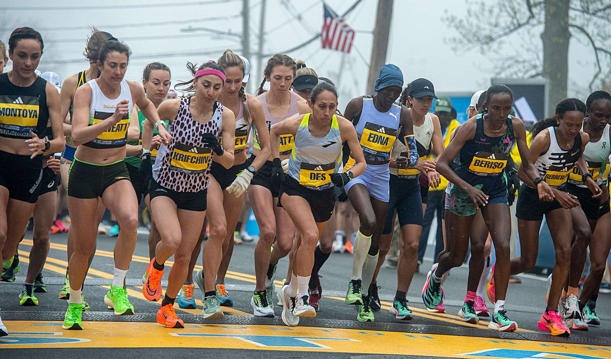 The start of the elite women in the 127th running of the Boston Marathon in Hopkinton, April 17, 2023.