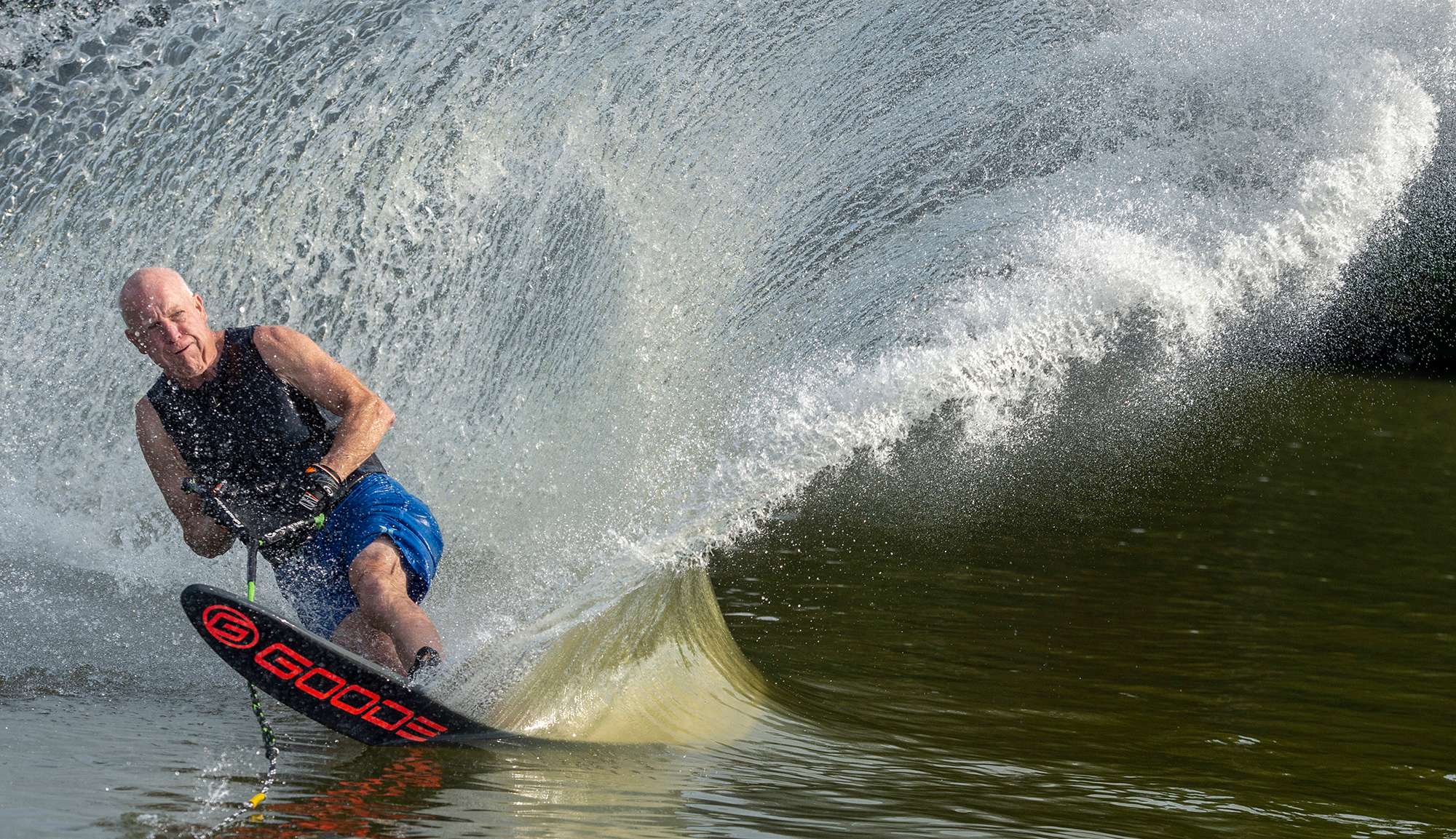 Mike Tilton, of Natick, practices competetive water skiing on the South lake portion of Lake Cochituate, July 9, 2024.