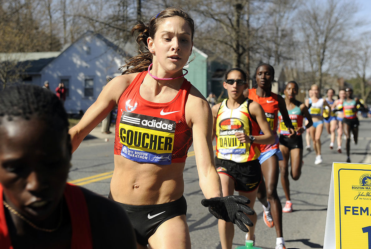 Boston Marathon fan favorite Kara Goucher at the first elite water station in Ashland in 2011.