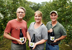 From left, Ragged Hill Cider Company owners Steve Garwood, Anne Garwood-Hampp and Keith Arsenault with their traditional dry craft hard cider in West Brookfield. © Christine Hochkeppel