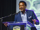 MLB Hall of Famer Pedro Martinez greets the audience during the Best of Hometeam All-Star banquet at the DCU Center in Worcester. © Christine Hochkeppel