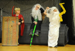 From left, Brendan Houle as Aries, Connor Brewster as Poseidon and Noah Hayden as Zeus, wait {quote}on deck{quote} before performing their movie trailer in the {quote}Coming Attractions{quote} challenge. The third-graders from Centerville Elementary School created a skit where they travel to ancient Greece and Egypt via time machine. Destination Imagination, a creative problem solving competition, involved 61 Cape and South Coast based teams and was held at Dennis-Yarmouth Regional High School. The winners will move on to the state level of the competition.