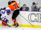 Holy Cross' Danny Lopez and RIT's Brad McGowan slam into the glass startling young fans on Friday, Feb. 13, 2015. 