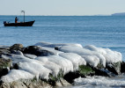 FALMOUTH -- 010914 -- A fisherman hauls up his catch near an ice-coated jetty off Surf Drive on Vineyard Sound. 