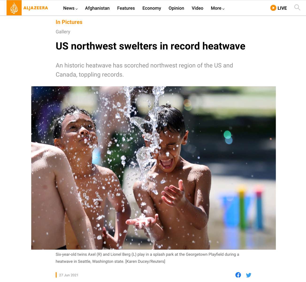 {quote}US northwest swelters in record heatwave{quote} Photos shot for Reuters, published in Aljazeera on June 27, 2021.