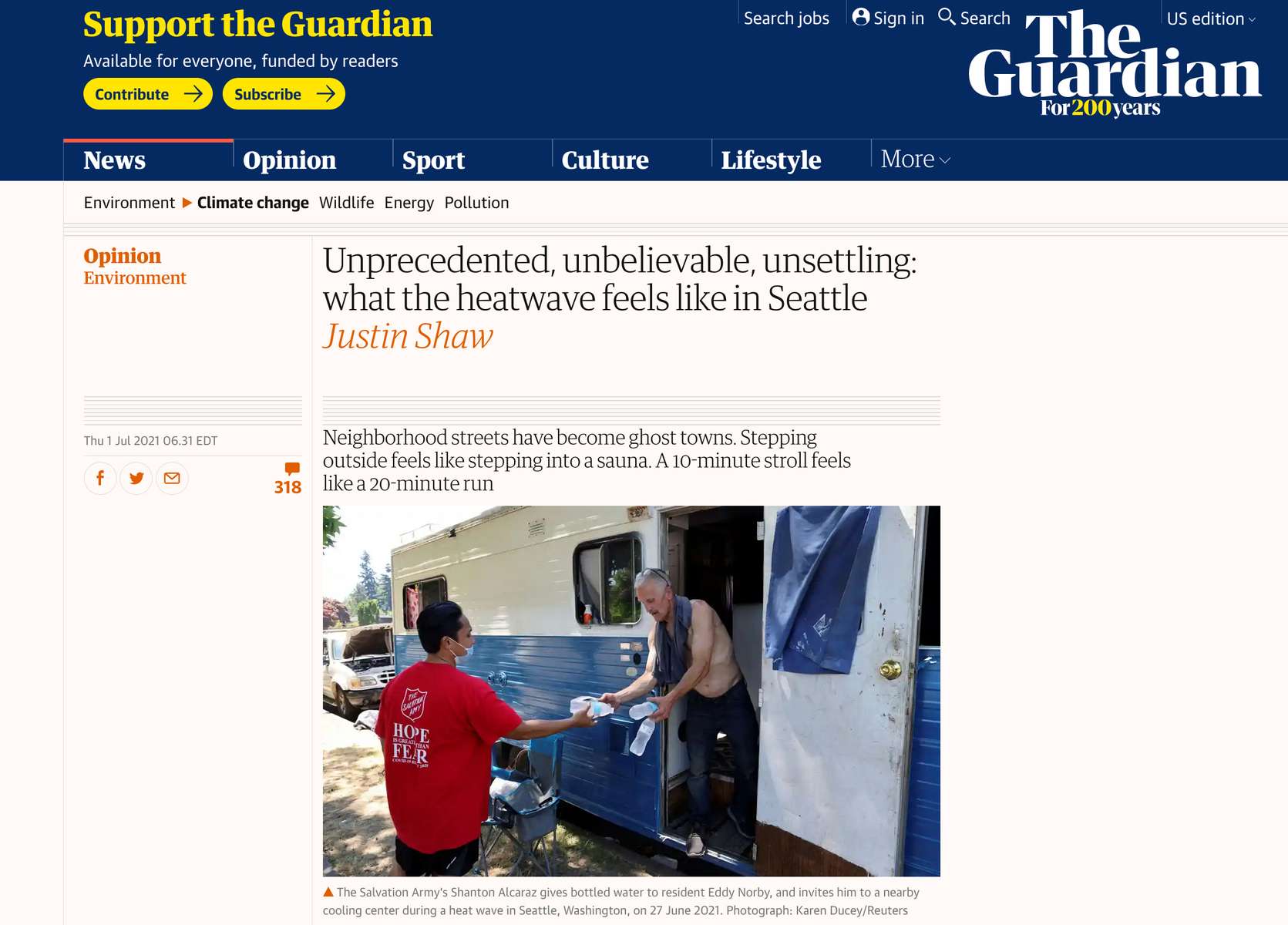 {quote}Unprecedented, unbelievable, unsettling: what the heatwave feels like in Seattle{quote} for Reuters. Published in The Guardian July 1, 2021