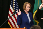 Seattle Mayor Jenny Durkan makes the {quote}Live long and prosper{quote} Vulcan salute after speaking at a news conference to announce measures to combat the spread of novel coronavirus, COVID-19, in Seattle, Washington, U.S. March 11, 2020.  REUTERS/Karen Ducey