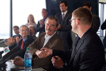 Former Mexican President Vicente Fox (left) shakes hands with  Jamen Shively, (right) Founder and CEO of Diego Pellicer, Inc. during a press conference with other marijuana industry leaders in the Columbia Tower, in Seattle, Wash. on May 30, 2013. (© copyright Karen Ducey)