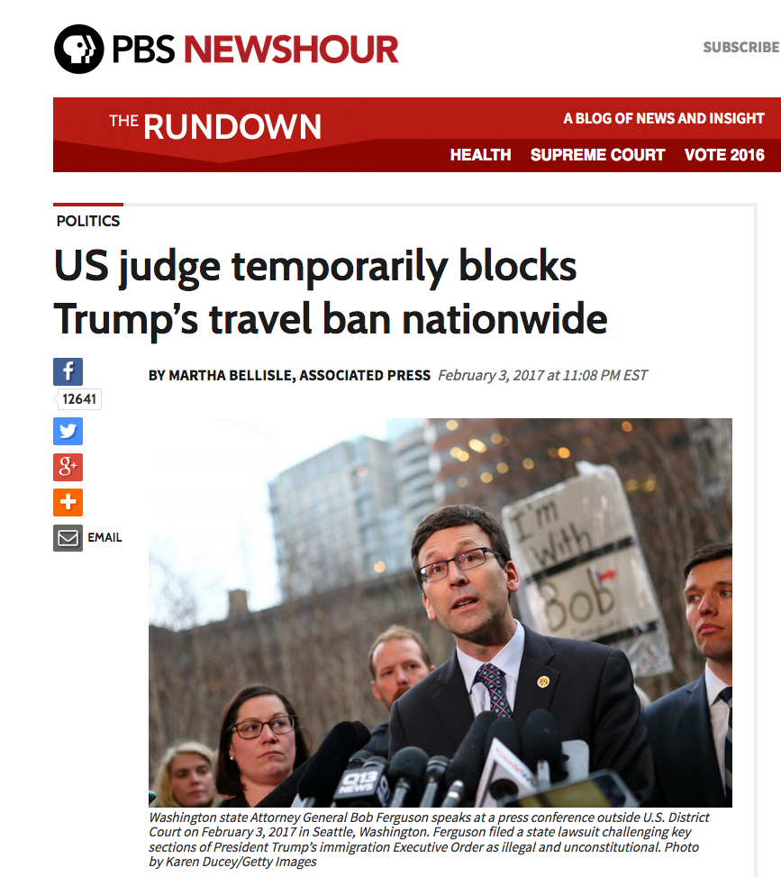 US judge temporarily blocks Trump's travel ban nationwide, photos for Getty Images, published on PBS Newshour February 3, 2017