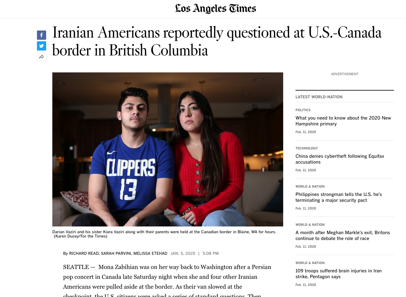 Iranian Americans reportedly questioned at U.S.-Canada border in British Columbia, for the LA Times, January 5, 2020