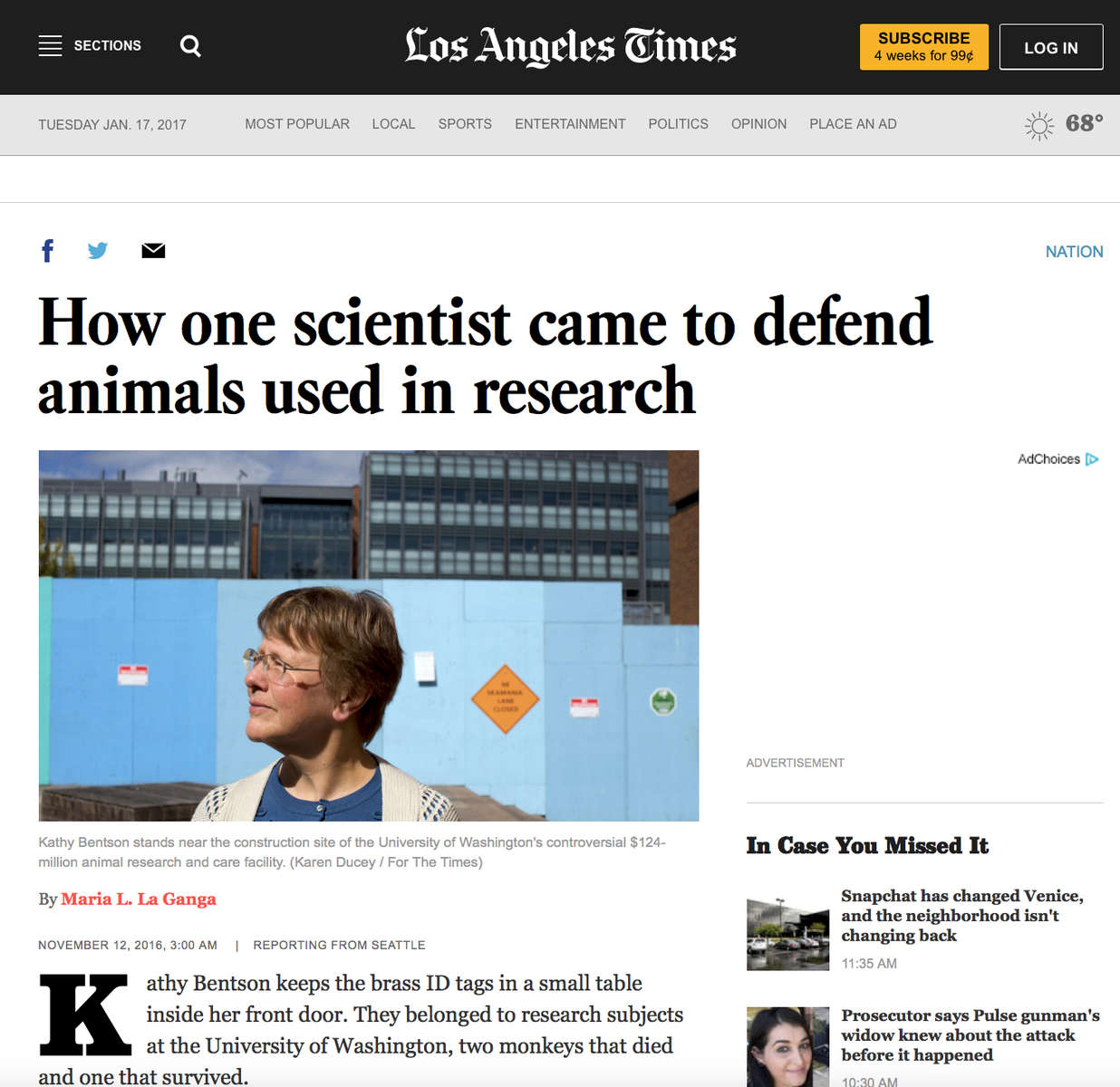 How one scientist came to defend animals used in research. Photos for The Los Angeles Times.  November 16, 2016.