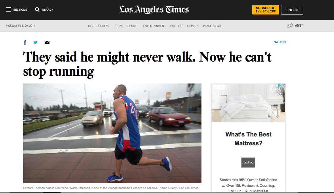 They said he might never walk. Now he can't stop running. Photos for The Los Angeles Times.  February 15, 2017.