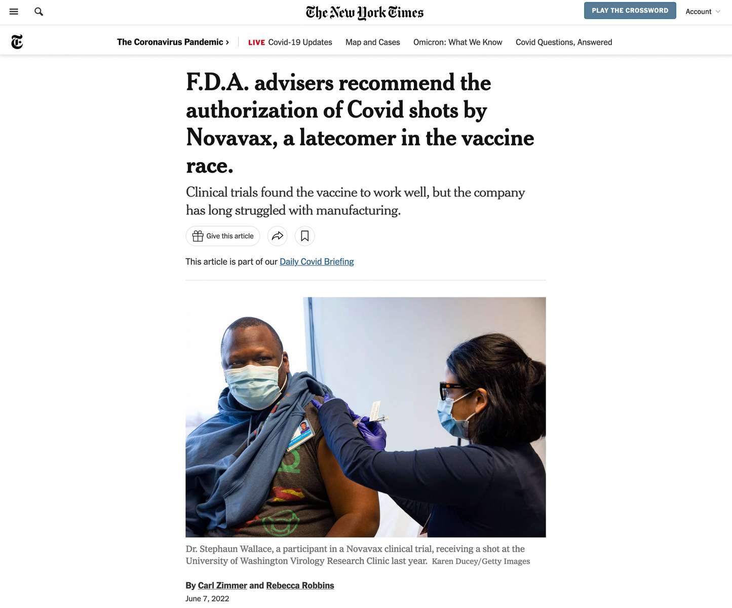 {quote}F.D.A. advisers recommend the authorization of Covid shots by Novavax, a latecomer in the vaccine race.{quote} for Getty Images, published in the New York Times on June 7, 2022. 
