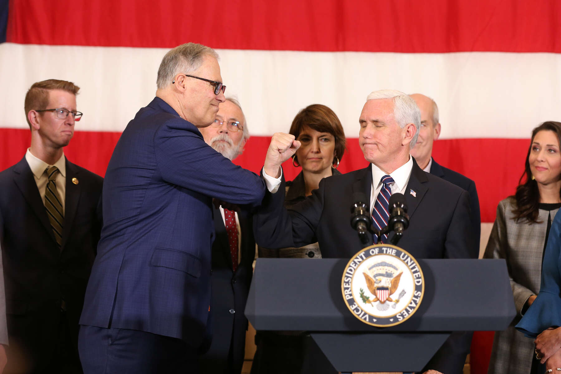 JOINT BASE LEWIS MCCHORD, WA - MARCH 05: Vice President Mike Pence visits Washington on Thursday afternoon to meet with Gov. Jay Inslee on March 5, 2020 in Joint Base Lewis McChord, Washington. They are joined by members of Washington state's congressional delegation, federal, state and local officials. (Photo by Karen Ducey/Getty Images)
