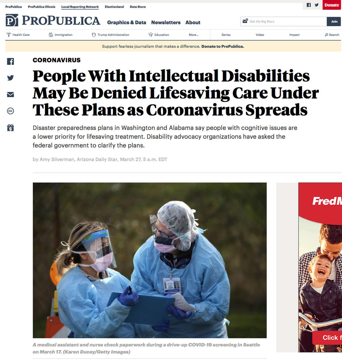 {quote}People With Intellectual Disabilities May Be Denied Lifesaving Care Under These Plans as Coronavirus Spreads{quote}, photo for Getty Images, published in ProPublica, March 27, 2020.