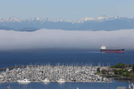 Puget Sound Ship - Weather Permitting photographed for Reuters, photo and interview published on Accuweather.com on May 28, 2021. Low fog sits behind a cargo ship and boat marina and is  framed by the Olympic Mountains visible from the Queen Anne neighborhood of Seattle, Washington, U.S. May 14, 2021.   REUTERS/Karen Ducey