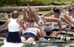 Annabel Ritchie, center, and her Washington rowing teammates rejoice after winning the Division I-I Eights-Final in the 2002 NCAA Rowing Championships in Indianapolis, Sunday, June 2, 2002.(AP Photo/The Indianapolis Star, Karen Ducey)