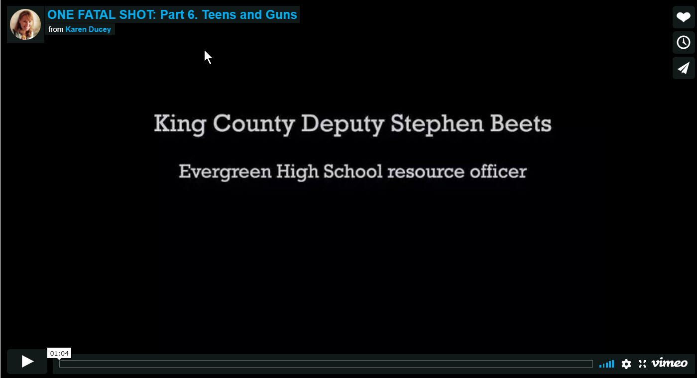 King County Deputy Stephen Beets, the Evergreen High School resource officer, in White Center, Seattle, Washington, addresses the issue of teens with guns as part of the six-part multimedia series {quote}One Fatal Shot{quote} photographed, recorded and produced by Karen Ducey 2008, published in the Seattle Post-Intelligencer on September 12, 2008. The story followed the Miller-Jantoc family for one year after two of the teenage brothers, Michael and Jordan, were playing with a gun in the family home. Tragically the gun went off and one brother was left dead and the other faced going to jail. This story follows the family as they deal with the loss of one son and brother while trying to forgive the other.